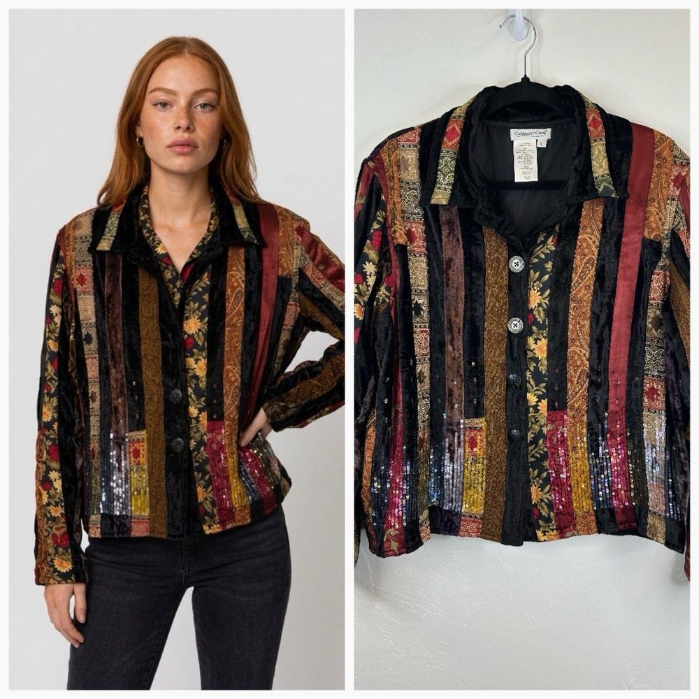 Patchwork Mixed Media Velvet Jacket Size L Button Front Boho Artsy Sequins Art